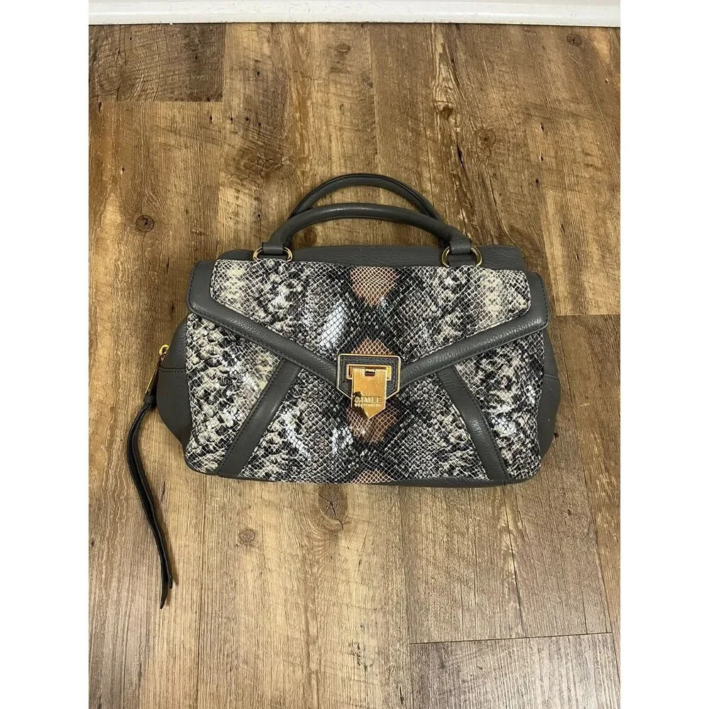 Aimee Kestenberg Leather Snakeskin Print Shoulder Bag Purse Gray 12X15 Gold Tone